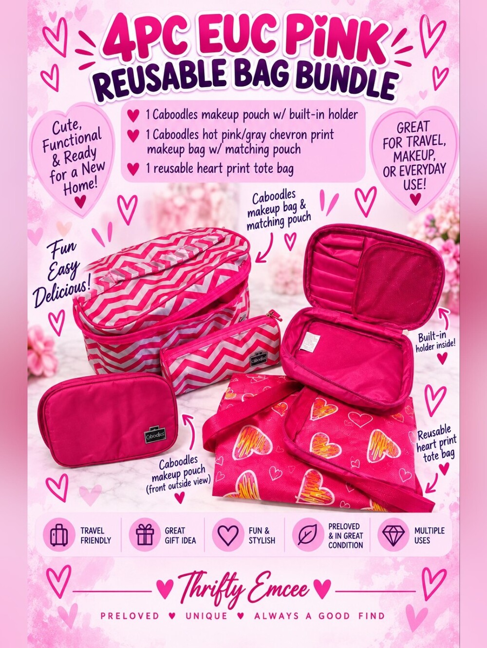 4PC PINK REUSABLE BAG BUNDLE (3 CABOODLES BAGS & EXTRA REUSABLE TOTE BAG!)